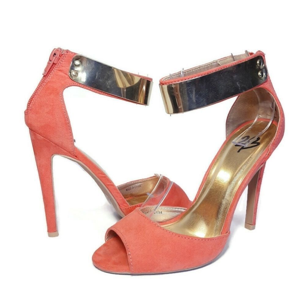 2B BEBE Faux Suede Stiletto Sandal Orange Gold Ankle Wrap Womens Size 7 Heels